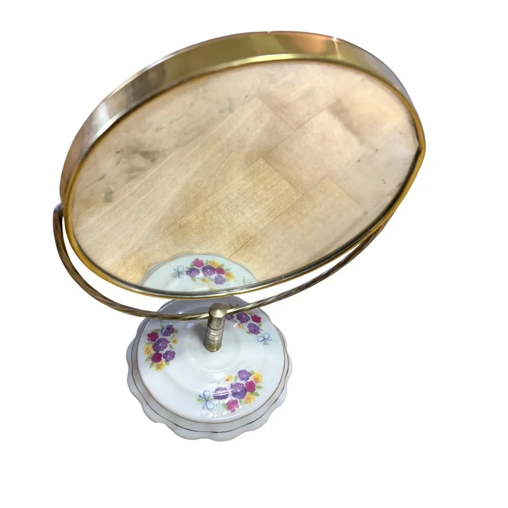 Vintage Floral Porcelain Mirror Base Swivel Vanity Gold Tone Round Tabletop